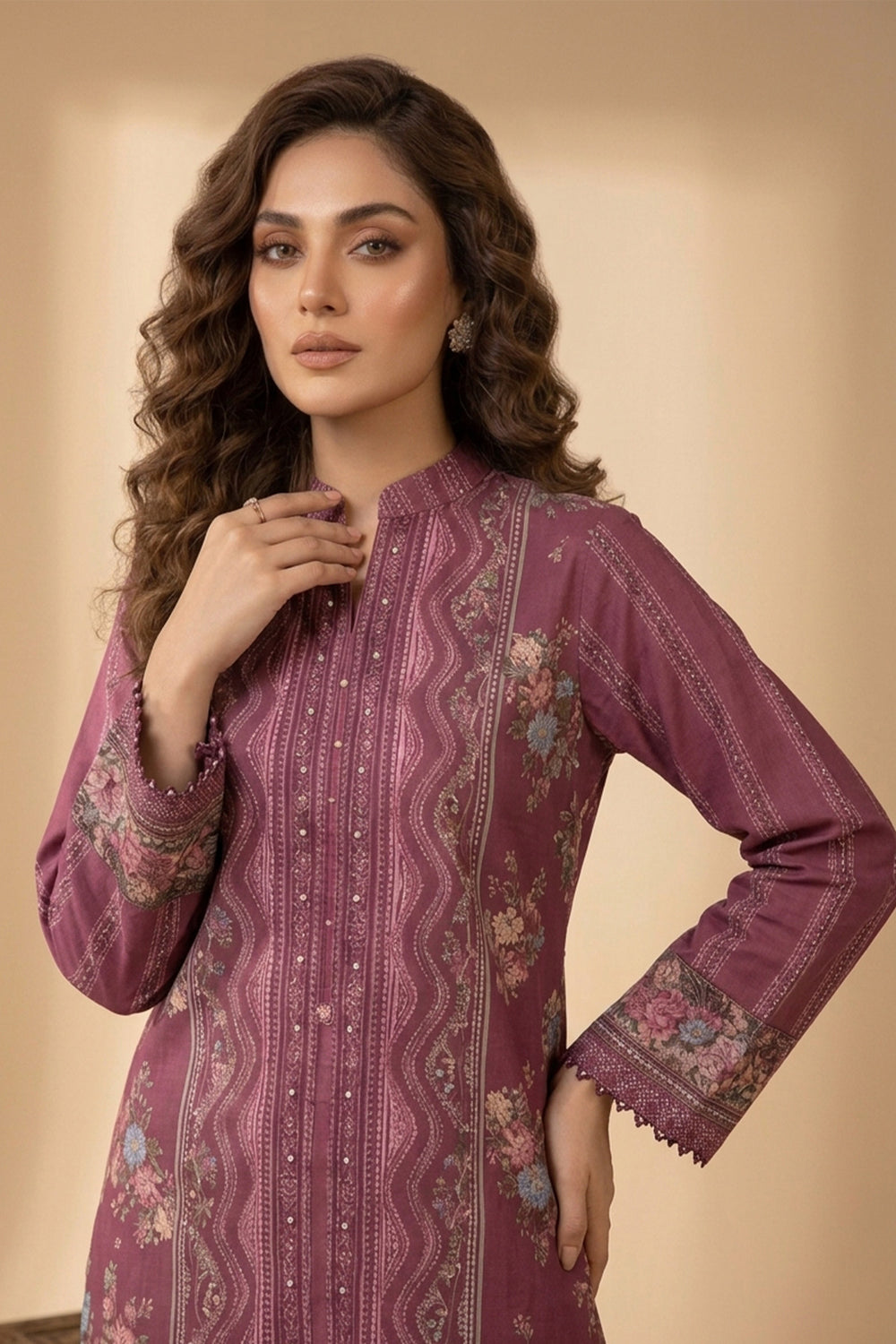 Wine 2 Piece Unstitched Printed Cambric Co-Ord Set