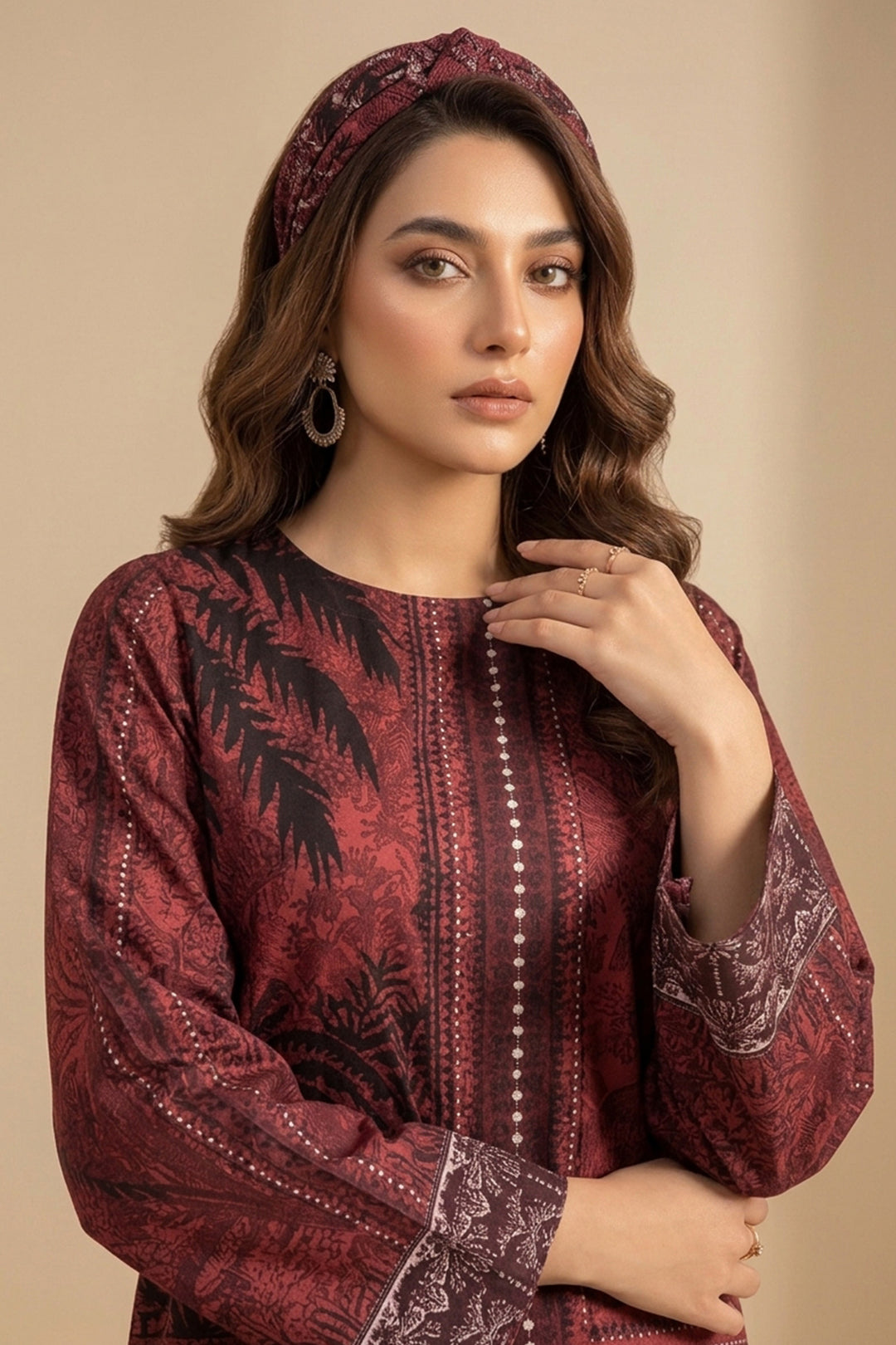 Wine 2 Piece Unstitched Printed Cambric Co-Ord Set