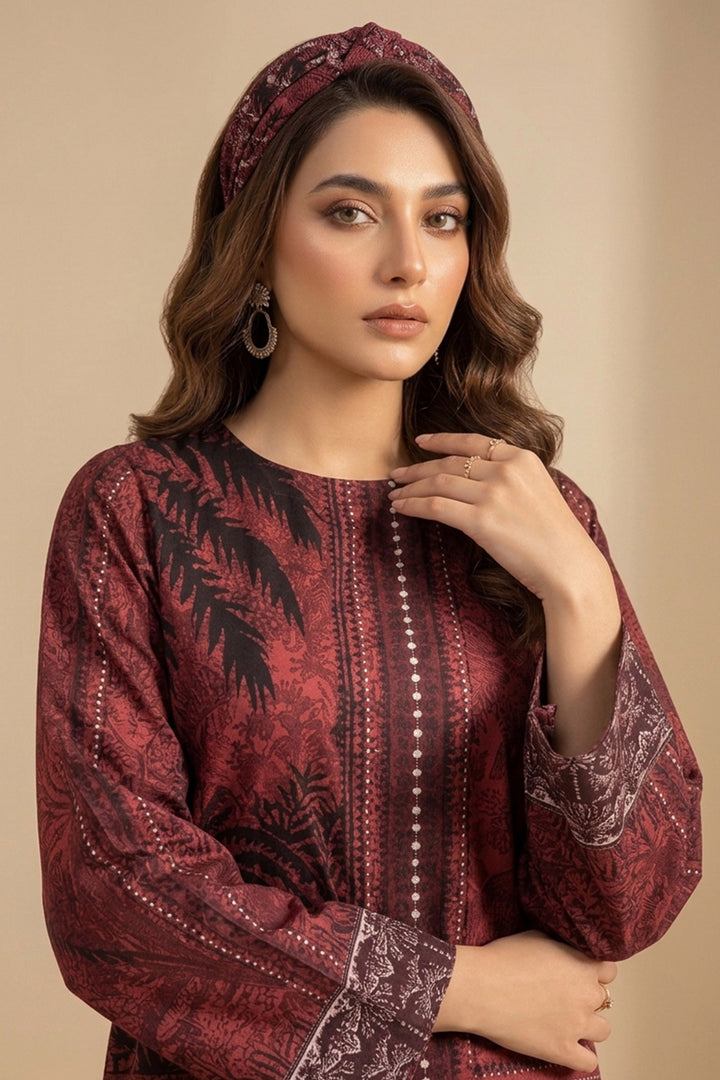 Wine 2 Piece Unstitched Printed Cambric Co-Ord Set