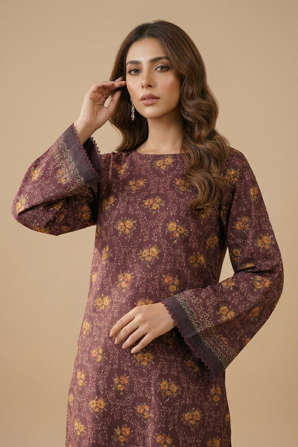 Wine 2 Piece Unstitched Printed Cambric Co-Ord Set