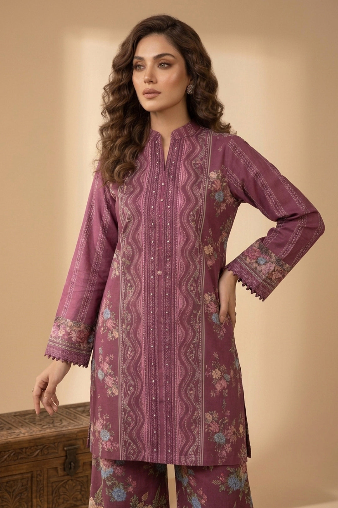 Wine 2 Piece Unstitched Printed Cambric Co-Ord Set