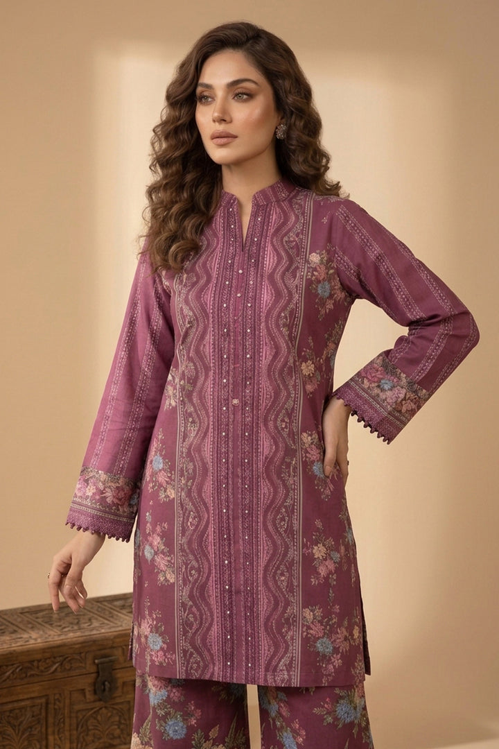Wine 2 Piece Unstitched Printed Cambric Co-Ord Set
