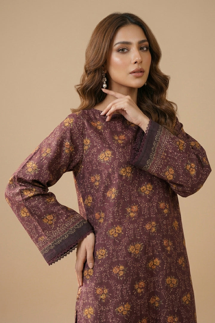 Wine 2 Piece Unstitched Printed Cambric Co-Ord Set