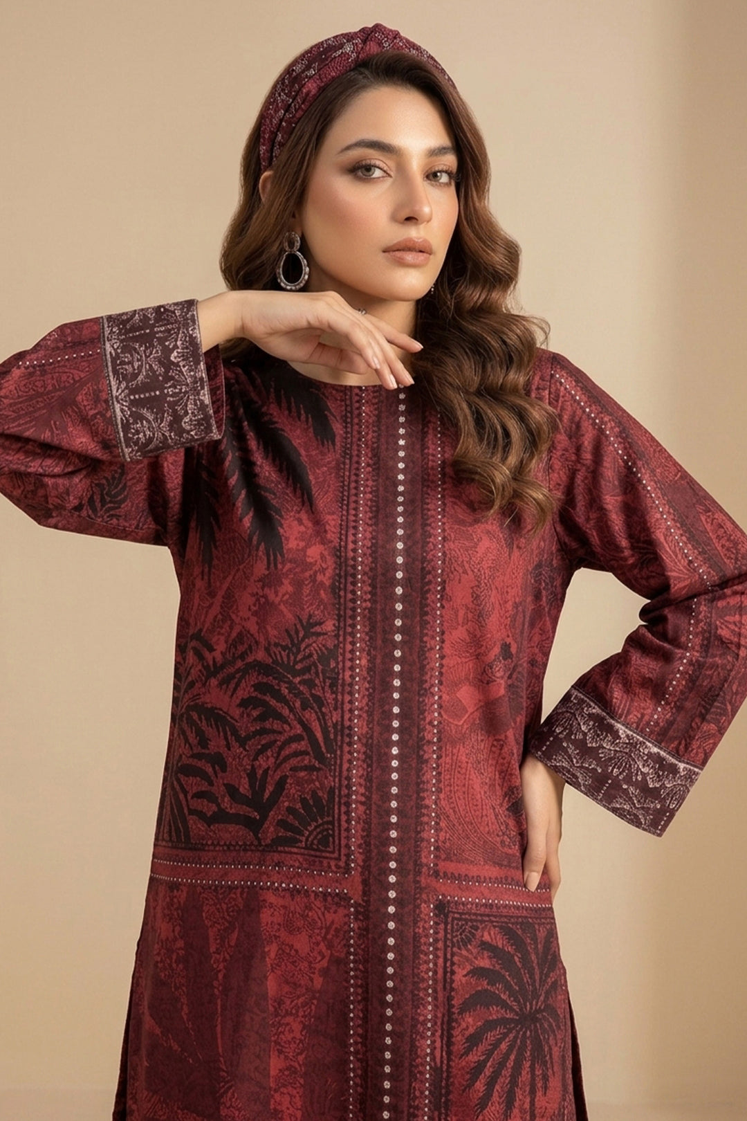 Wine 2 Piece Unstitched Printed Cambric Co-Ord Set