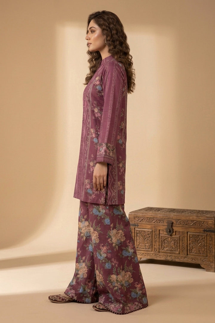 Wine 2 Piece Unstitched Printed Cambric Co-Ord Set