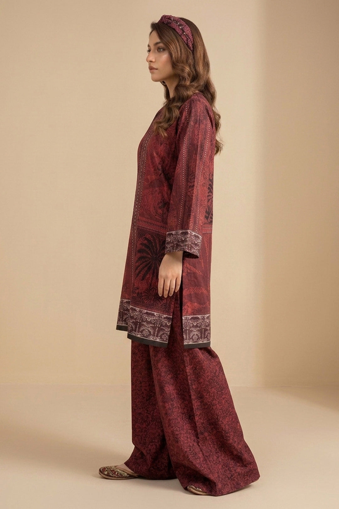 Wine 2 Piece Unstitched Printed Cambric Co-Ord Set