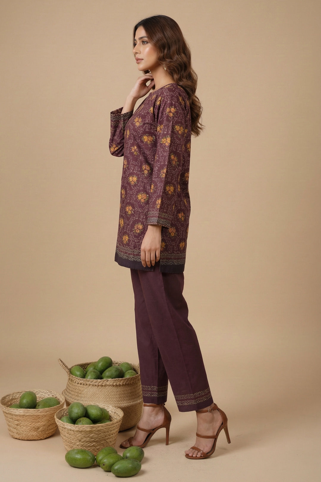 Wine 2 Pc Unstitched Printed Cambric Co-Ord Set
