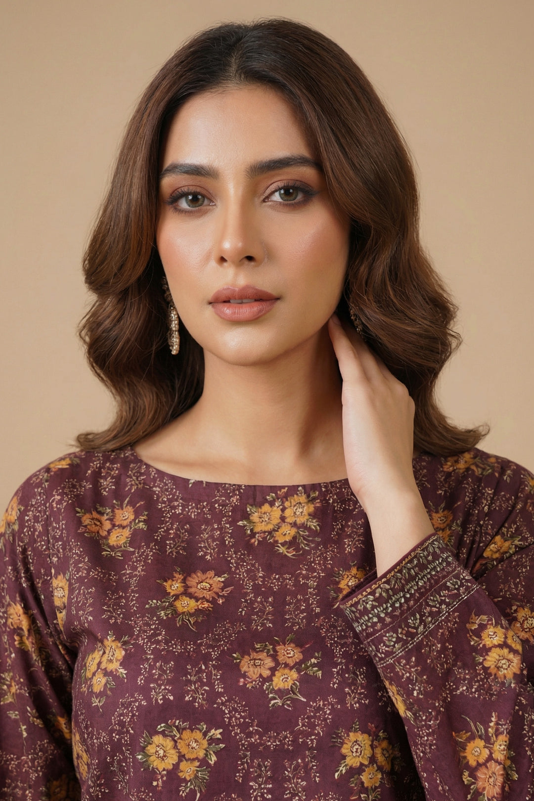 Wine 2 Pc Unstitched Printed Cambric Co-Ord Set