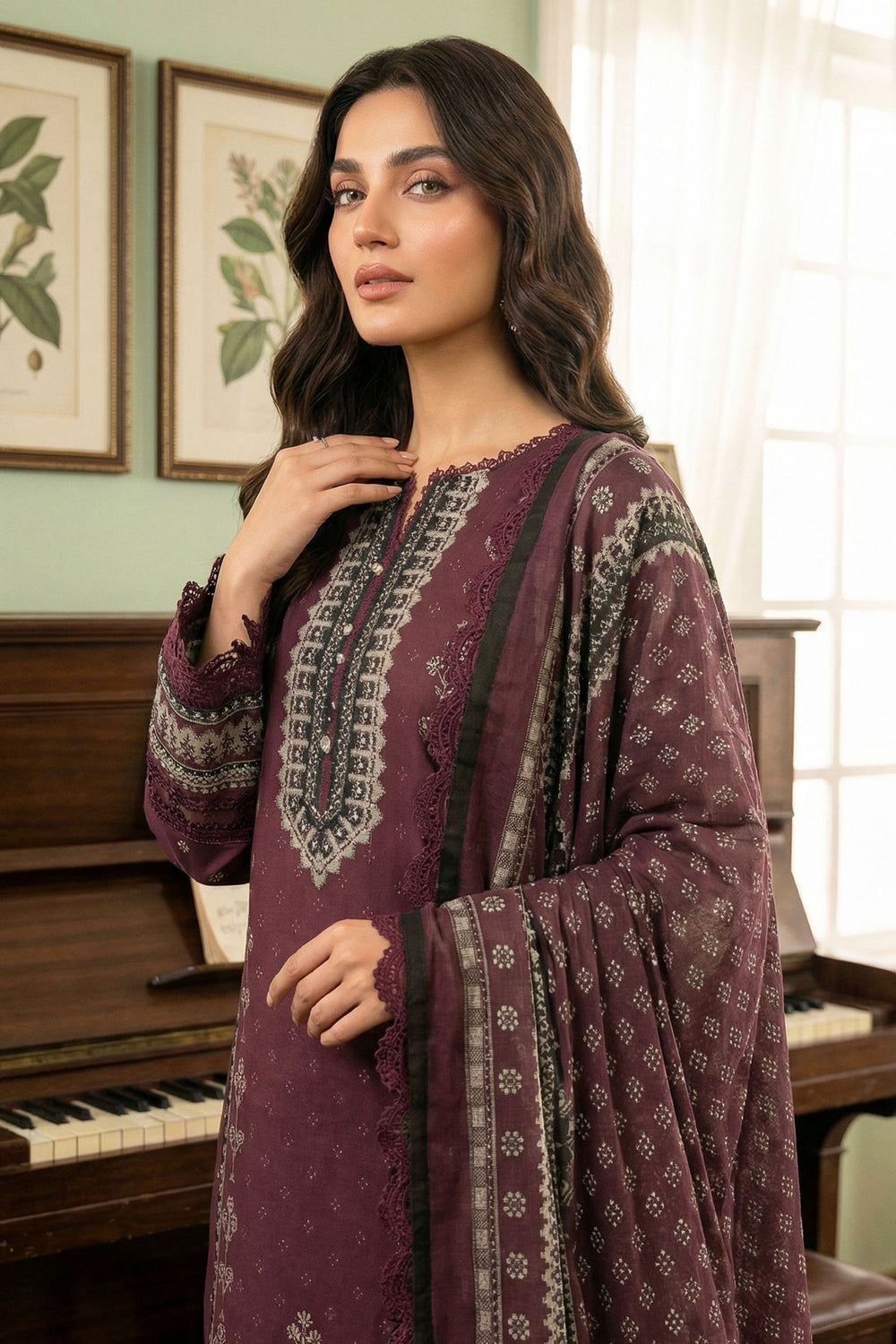 Wine 3 Piece Unstitched Premium Printed Lawn