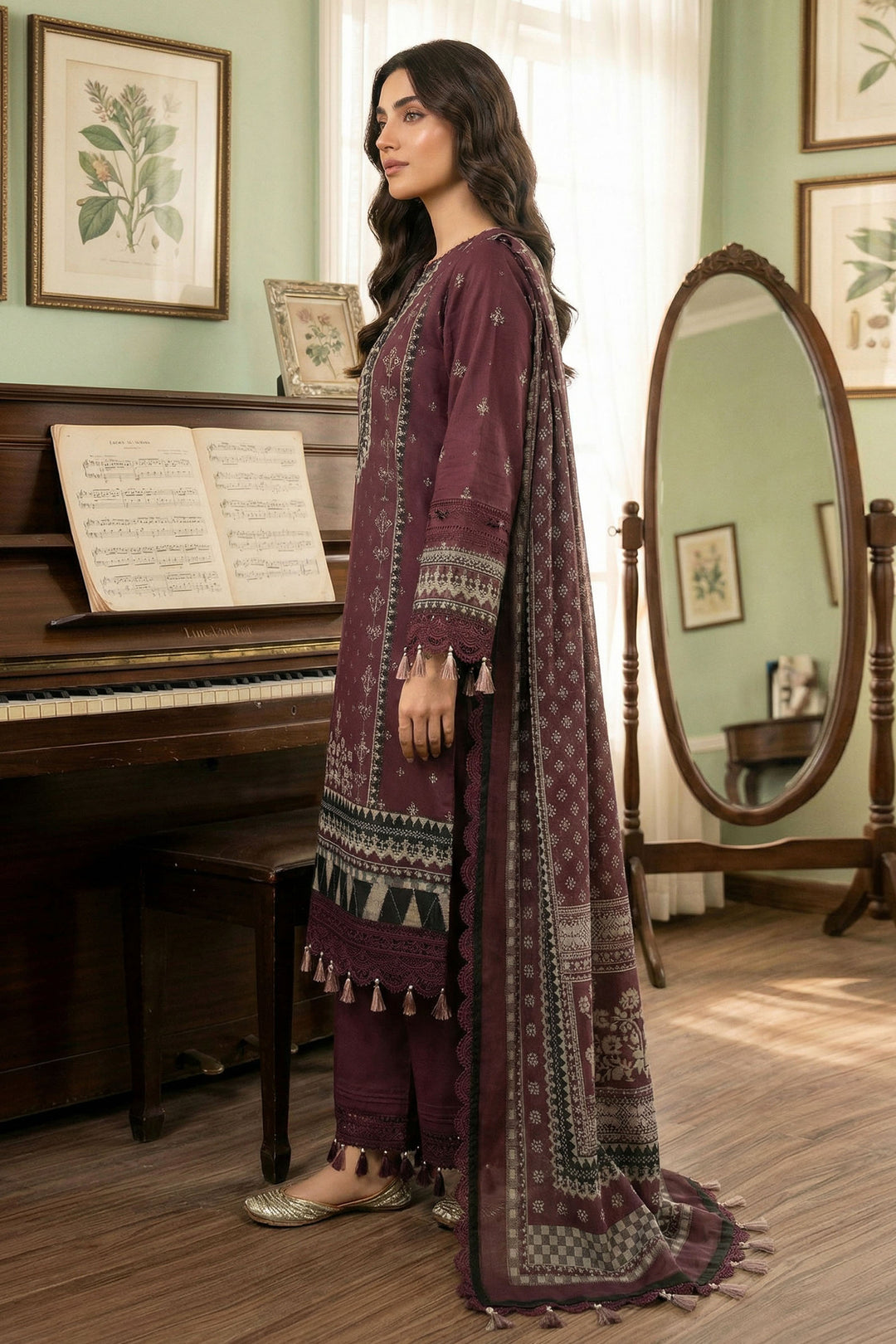 Wine 3 Piece Unstitched Premium Printed Lawn