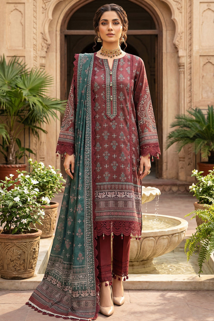 Wine 3 Piece Unstitched Premium Printed Lawn