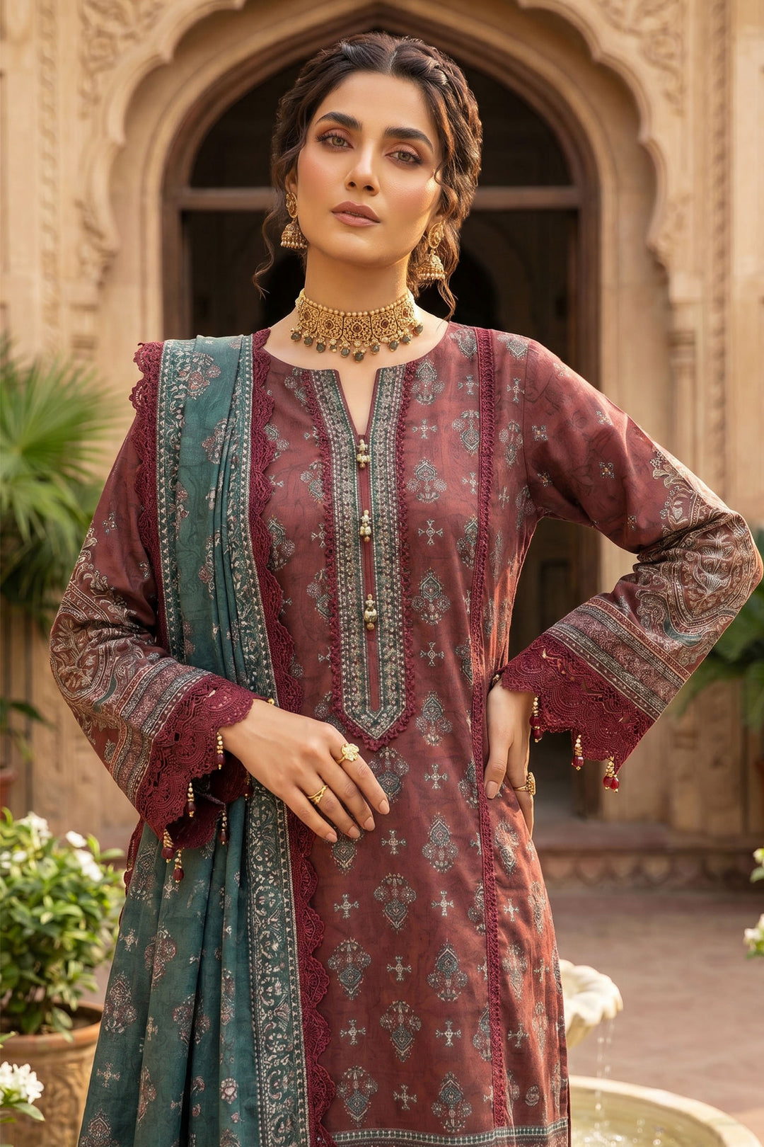 Wine 3 Piece Unstitched Premium Printed Lawn-Jacquard