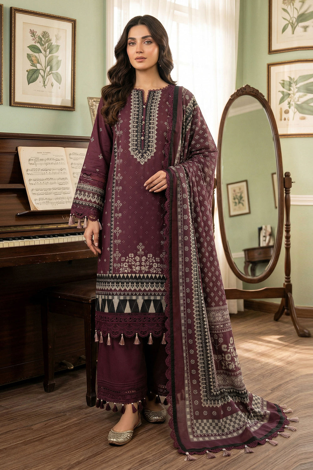 Wine 3 Piece Unstitched Premium Printed Lawn