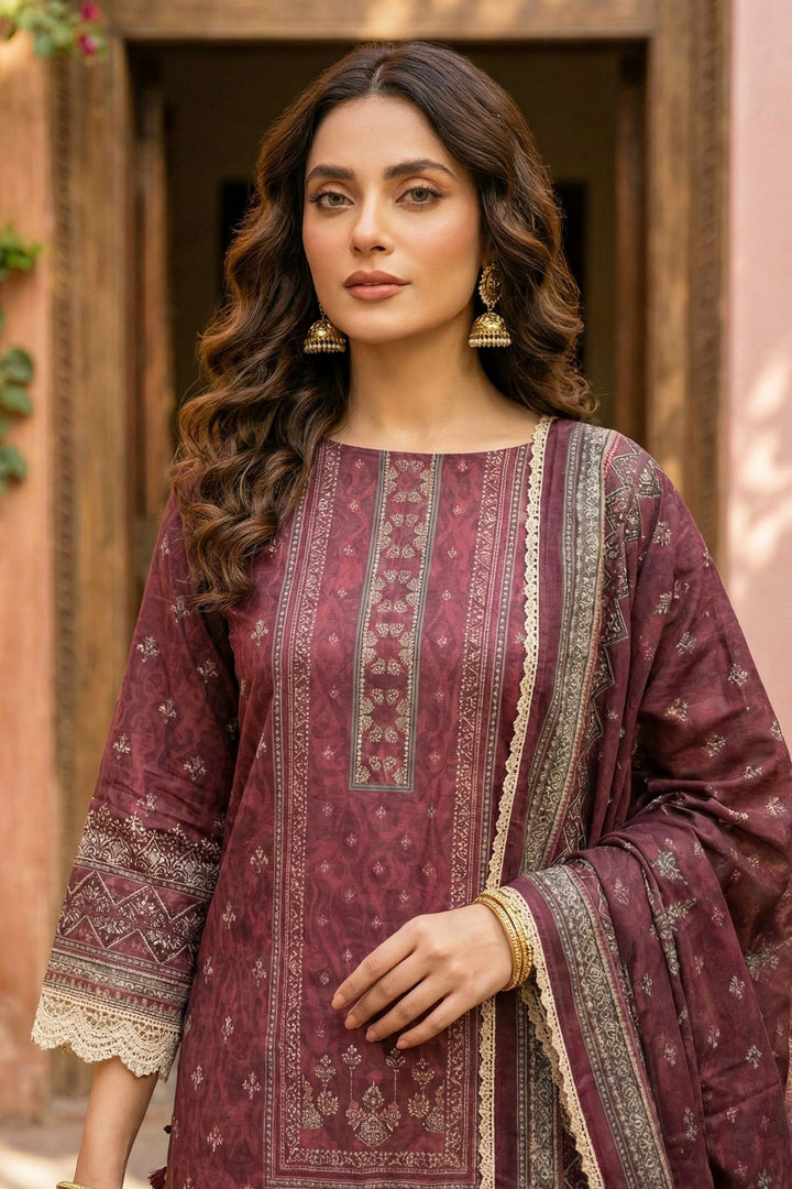 Wine 3 Piece Unstitched Premium Printed Lawn Suit - Jacquard Wirsa By Zainab Collection Summer 2026