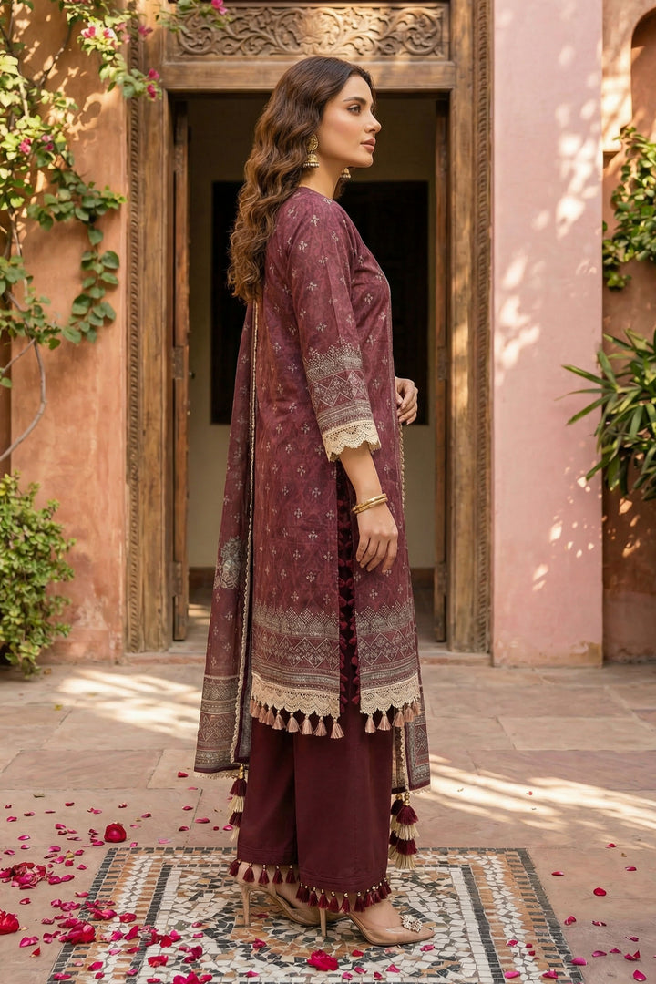 Wine 3 Piece Unstitched Premium Printed Lawn Suit - Jacquard Wirsa By Zainab Collection Summer 2026