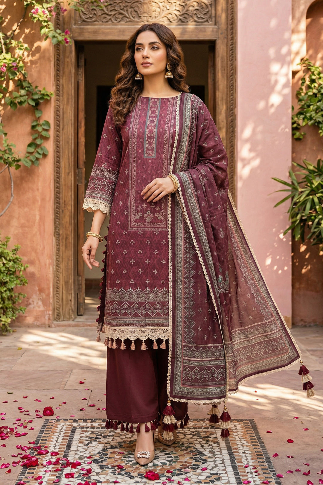 Wine 3 Piece Unstitched Premium Printed Lawn Suit - Jacquard Wirsa By Zainab Collection Summer 2026