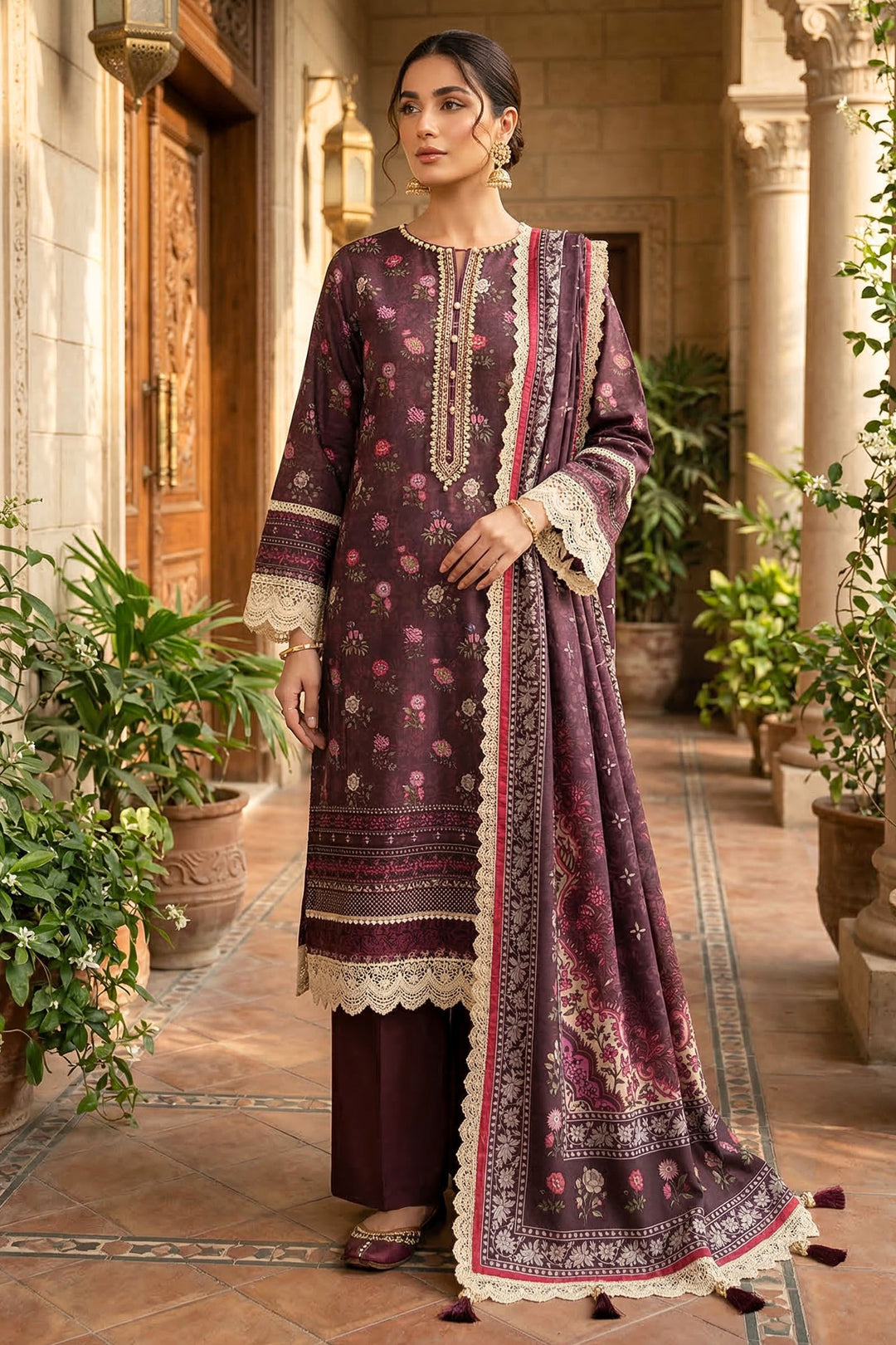 Wine 3 Piece Unstitched Premium Printed Lawn Suit By Jacquard Clothing Soha Afreen Summer Collection