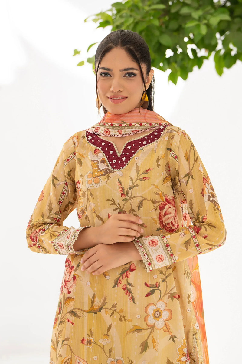 3 Piece Unstitched Yellow Premium Lawn - Jacquard Clothing