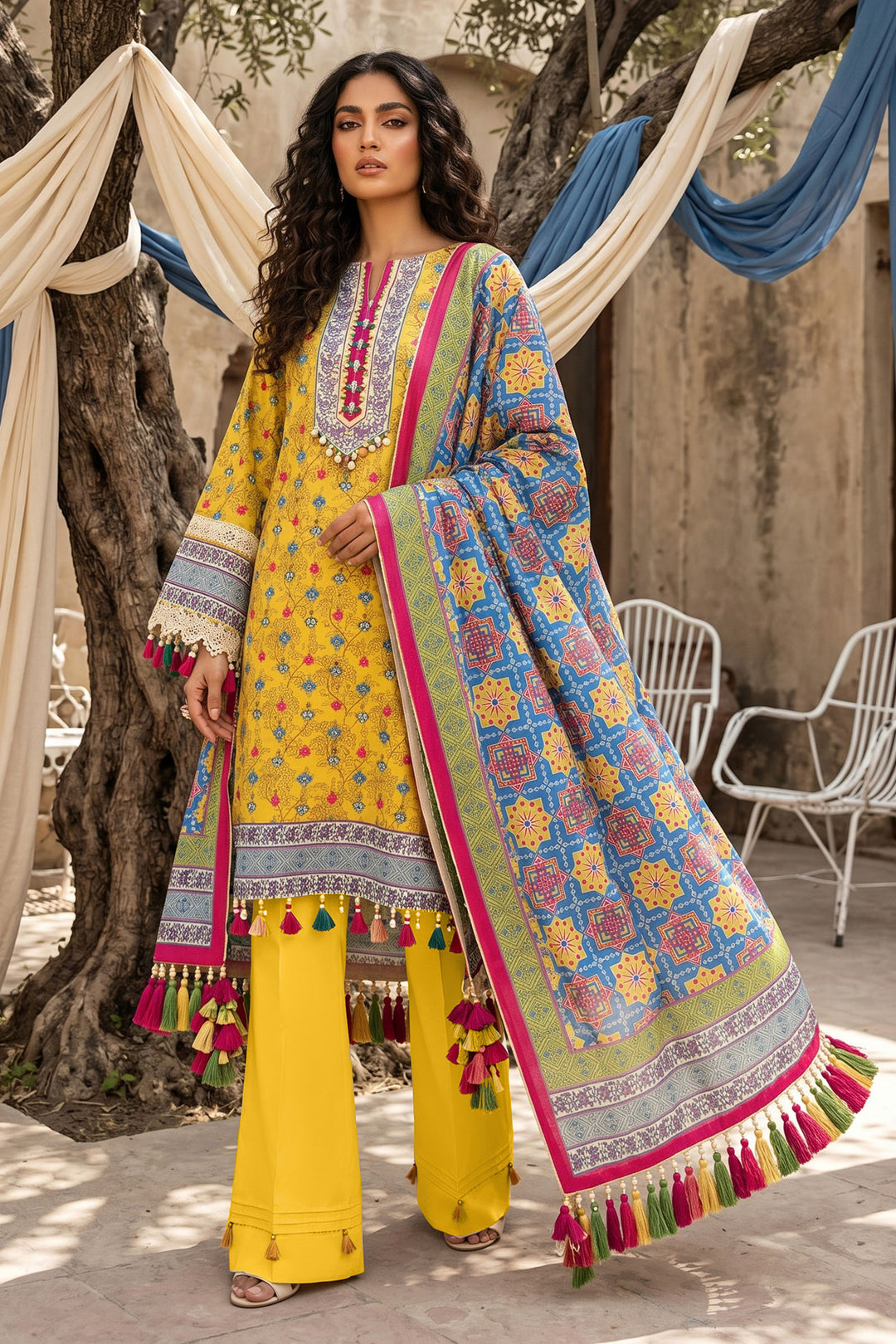 Yellow 3 Piece Unstitched Premium Printed Lawn Suit By Jacquard Clothing Summer Collection