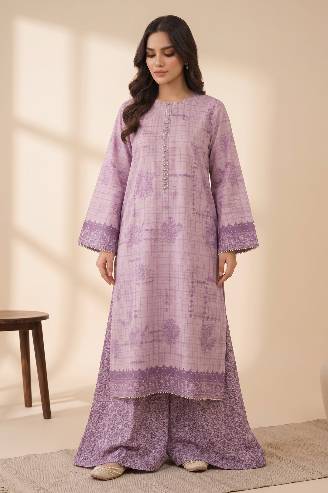purple 2 Piece Unstitched Printed Cambric Co-Ord Set