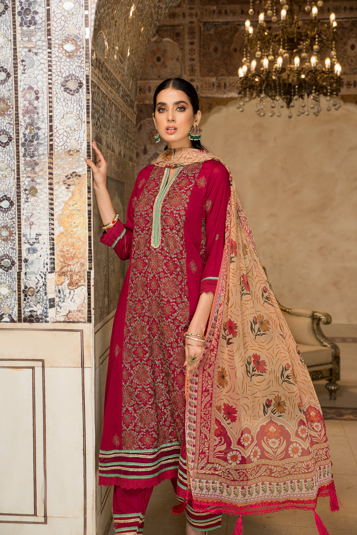 Shehr zaad Premium Unstitched Collection on Self Jacquard Lawn with chiffion Dupatta  Dyed Cambric Trouser all over Embroidered By Jacquard Clothing