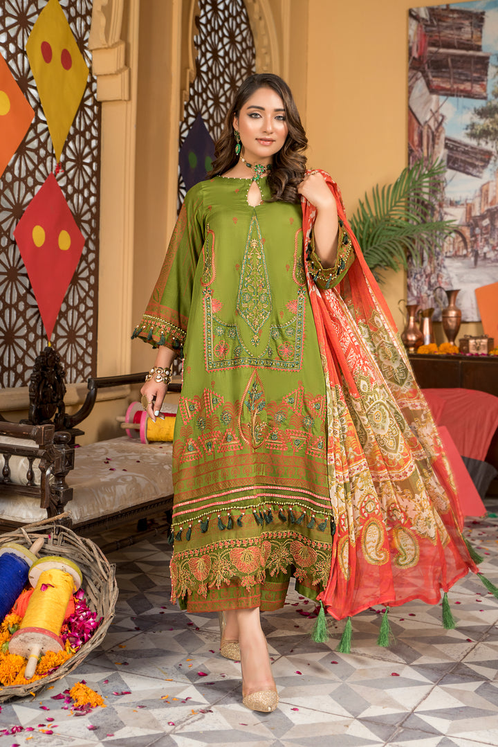 PARWAZ E JUNOON COLLECTION / 3PC / EMBROIDERED LAWN WITH CHIFFON DUPATTA BY JACQUARD CLOTHING