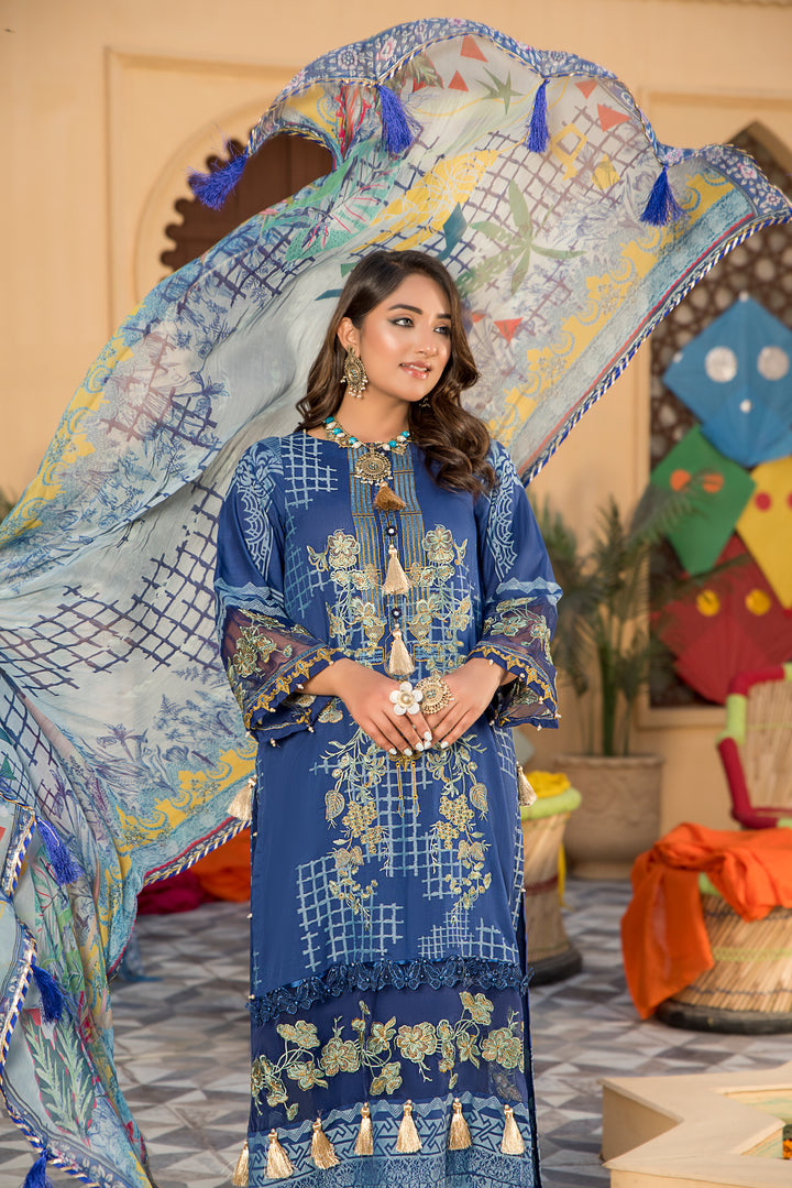 PARWAZ E JUNOON COLLECTION / 3PC / EMBROIDERED LAWN WITH CHIFFON DUPATTA BY JACQUARD CLOTHING