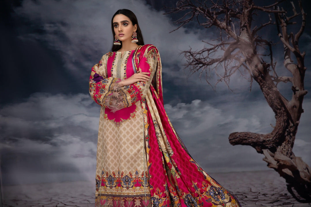 OLWYN Crepe 3 Piece Unstitched Beige - Jacquard Clothing