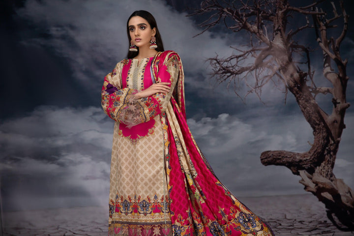 OLWYN Crepe 3 Piece Unstitched Beige - Jacquard Clothing