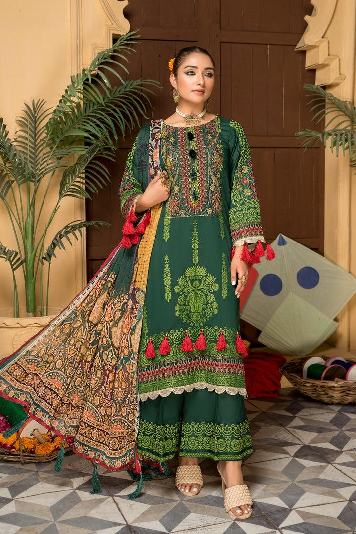 PARWAZ E JUNOON COLLECTION / 3PC / EMBROIDERED LAWN WITH CHIFFON DUPATTA BY JACQUARD CLOTHING