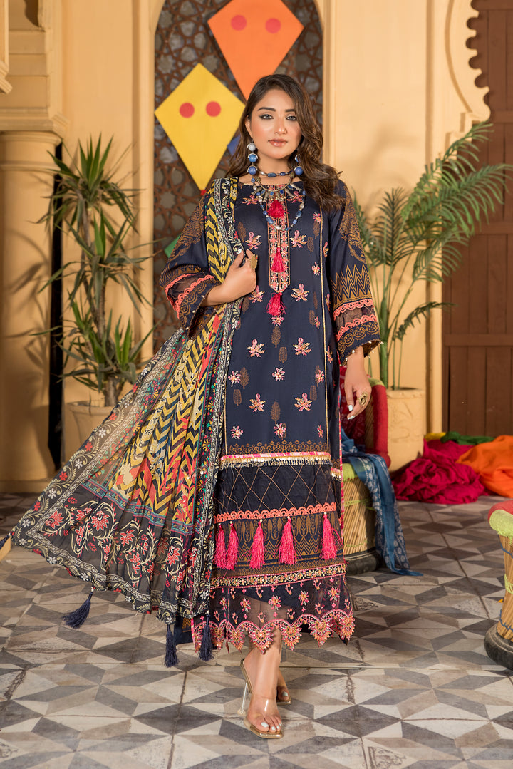 PARWAZ E JUNOON COLLECTION / 3PC / EMBROIDERED LAWN WITH CHIFFON DUPATTA BY JACQUARD CLOTHING